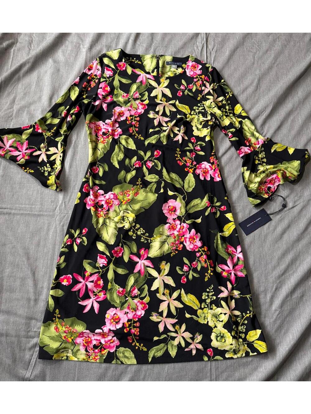Tommy Hilfiger Black Tropical Floral Shift Dress Size 6 3/4 Sleeve NWT